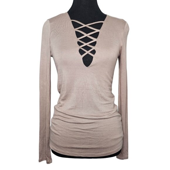 Women's Long Sleeve V-Neck Crisscross Fashion Top, Small, Taupe - Picture 1 of 9